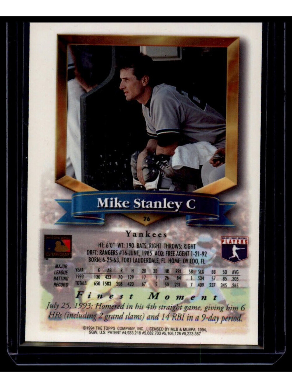 1994 Topps Finest Mike Stanley #76 Refractor NY Yankees - Picture 2 of 2